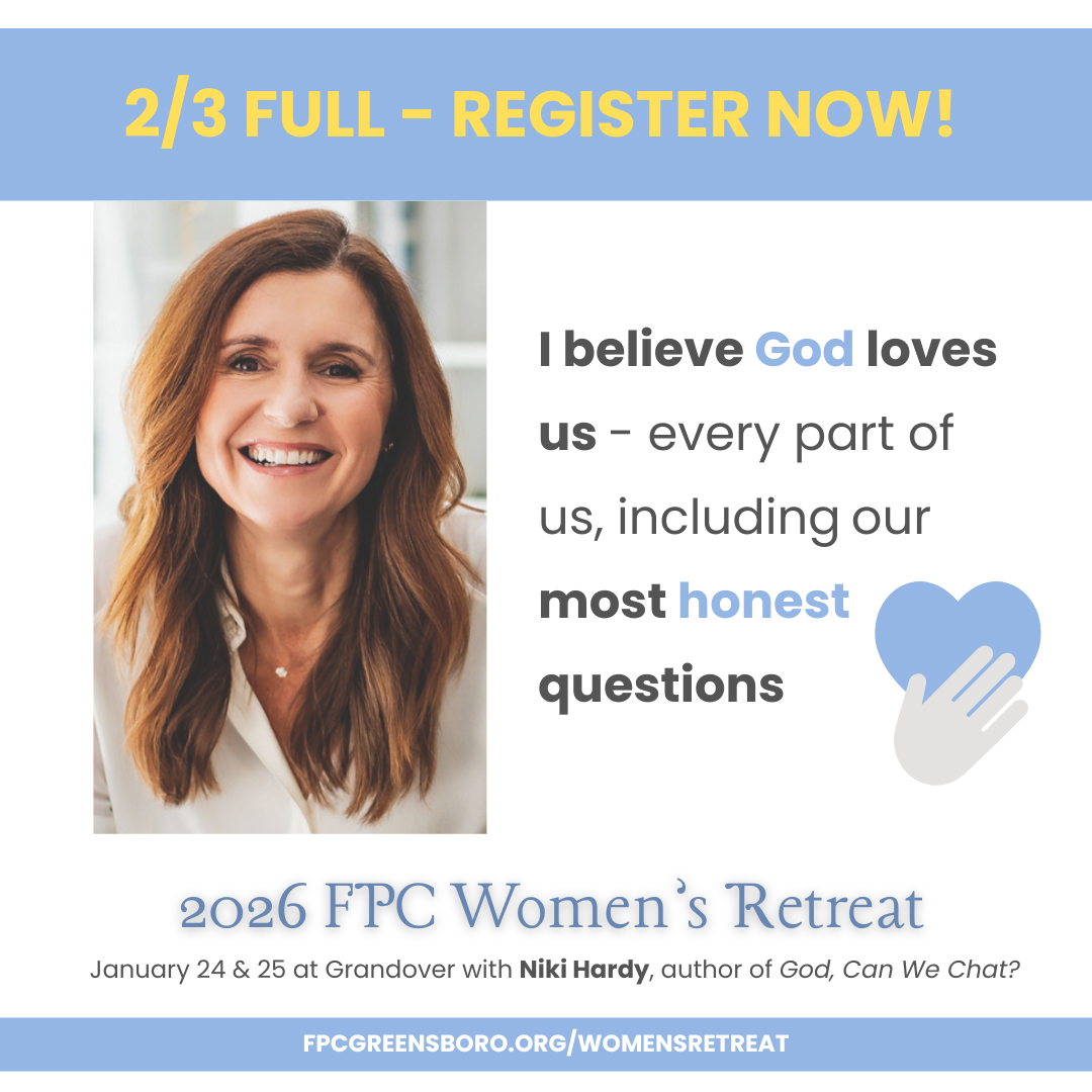 Womens Retreat Smiling person on a poster for the 2026 FPC Women's Retreat with encouraging text about faith and personal growth.